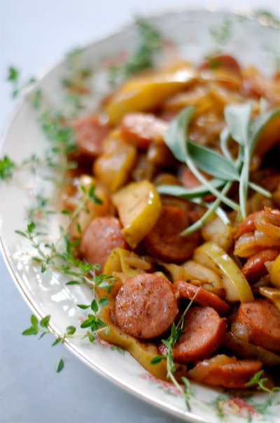 Brown Sugar Kielbasa with Apples and Onions